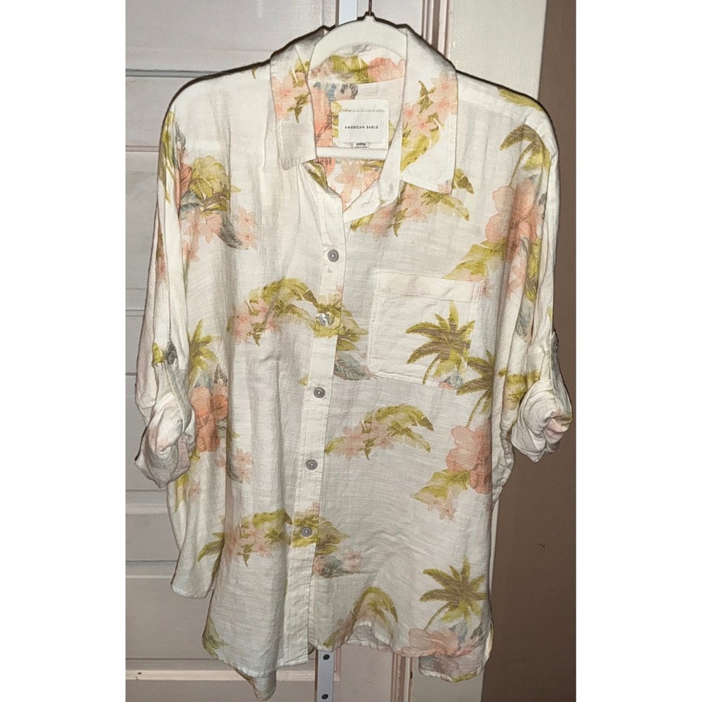 American Eagle Tropical Floral Button Down Shirt Small Roll Tab Sleeve Cream